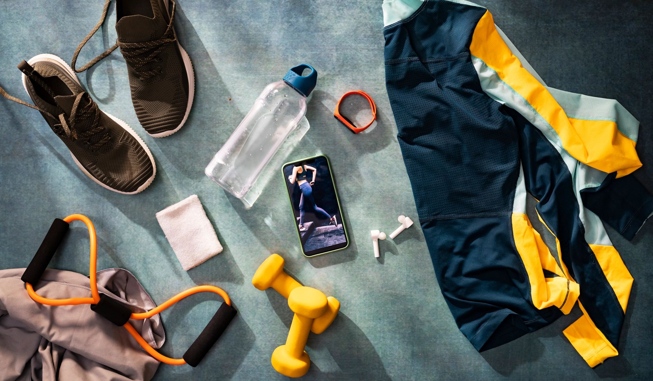 Wellness flat lay with yoga and fitness essentials